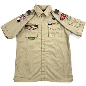 Boy Scouts Of America BSA Mens Size Small Official Shirt Sewn Patches Khaki